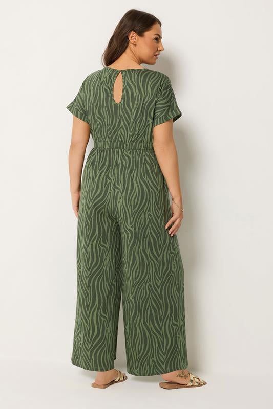 YOURS Plus Size Khaki Green Zebra Print Cotton Jumpsuit | Yours Clothing 2