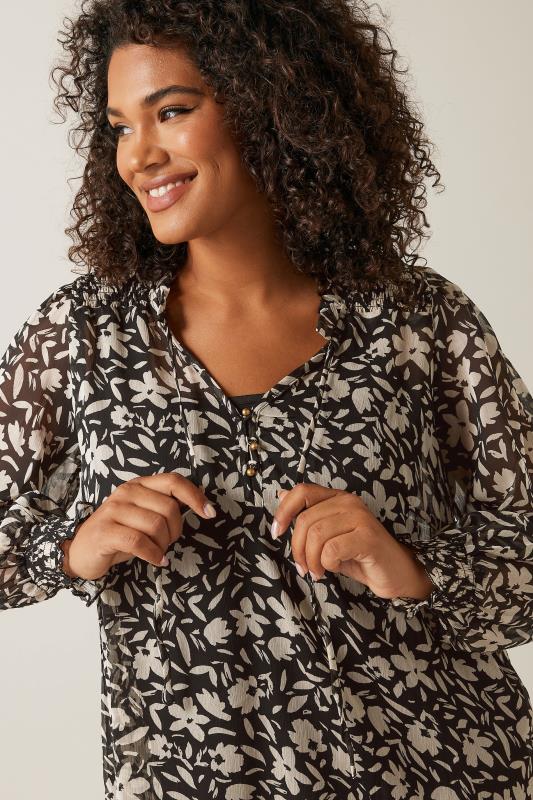 EVANS Plus Size Black & Natural Brown Floral Print Tie Neck Blouse | Evans 4