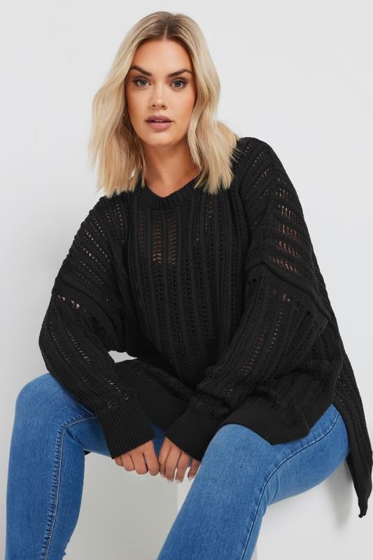 YOURS Plus Size Black Crochet Jumper | Yours Clothing 1