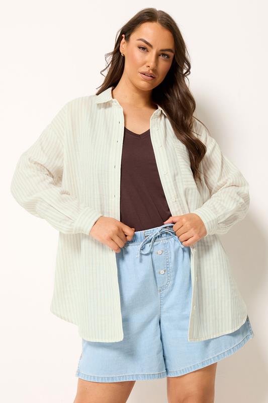 YOURS Plus Size Ivory White Stripe Button Shirt | Yours Clothing 1