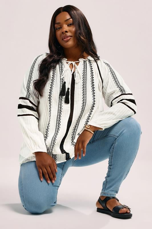 YOURS Plus Size Cream Embroidered Tie Neck Blouse | Yours Clothing 3