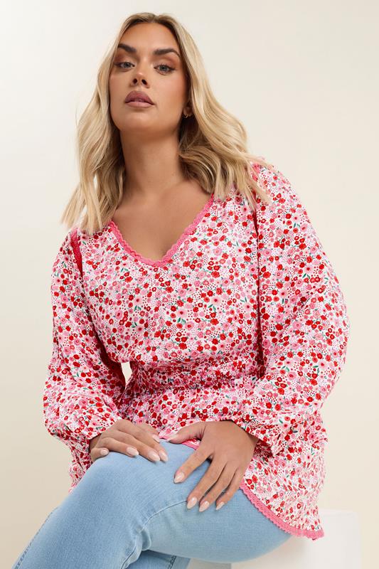 YOURS Plus Size Pink Ditsy Floral Print Smock Top | Yours Clothing 4
