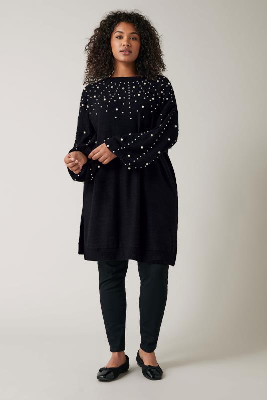 EVANS Plus Size Black Pearl Embellished Jumper Dress | Evans 1