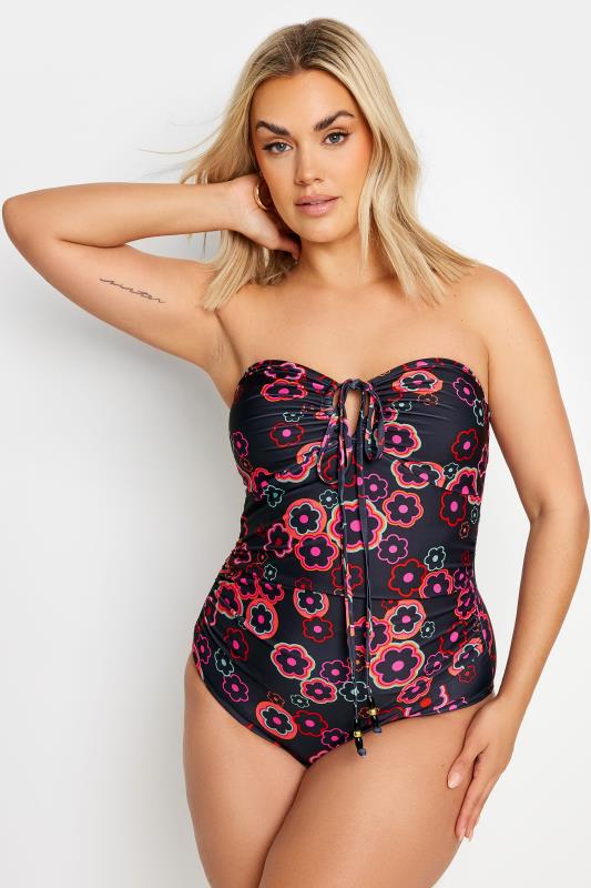 YOURS Plus Size Black & Pink Floral Halter Neck Swimsuit | Yours Clothing 4