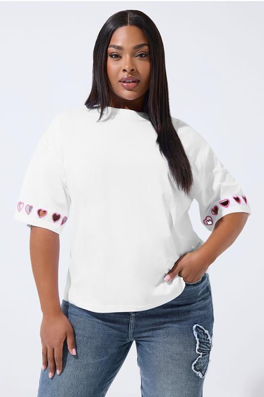 LIMITED COLLECTION Plus Size White Heart Cut Out Sleeve T-Shirt | Yours Clothing  1