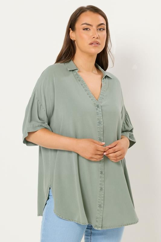 YOURS Curve Sage Green Short Sleeve Chambray Shirt