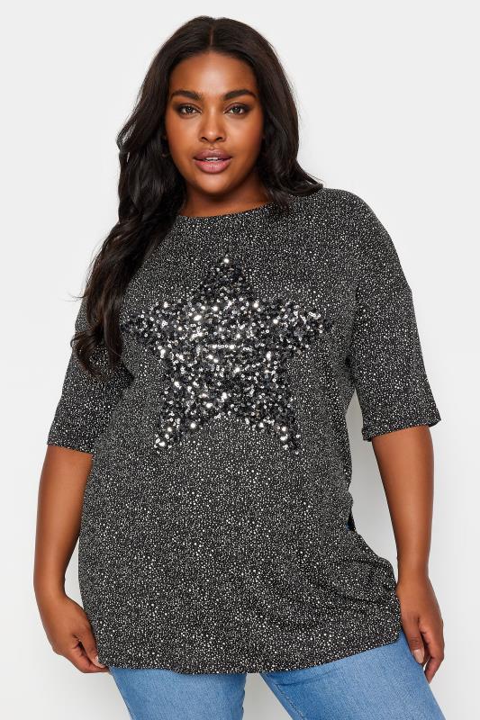 YOURS Plus Size Black Star Sequin Embellished Top | Yours Clothing 1