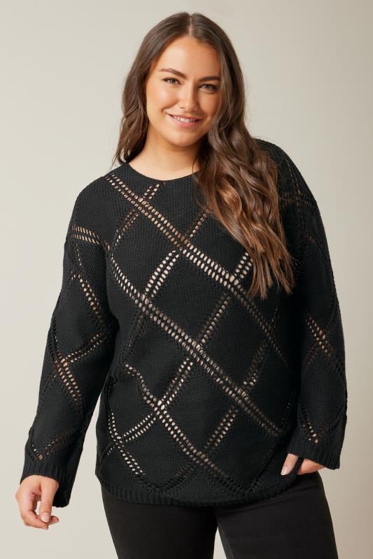 EVANS Plus Size Black Diamond Pointelle Jumper | Evans 4