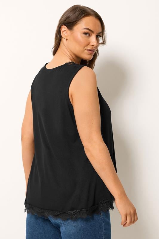 YOURS Plus Size Black Lace Trim Vest Top | Yours Clothing 2