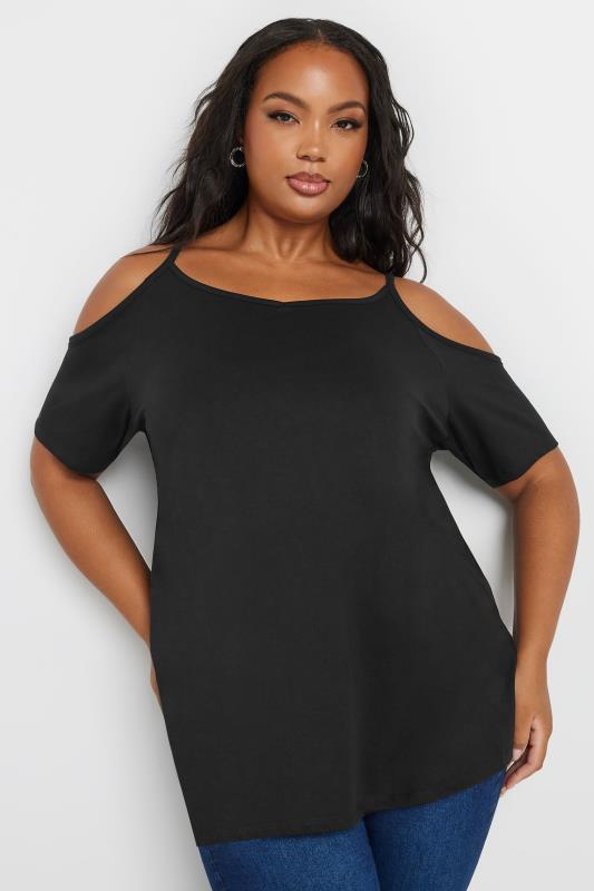 YOURS Curve Plus Size Black Cold Shoulder T-Shirt | Yours Clothing  1