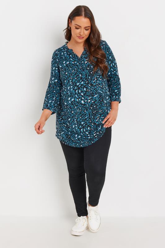 YOURS Plus Size Blue Animal Print Half Placket Shirt | Yours Clothing 2