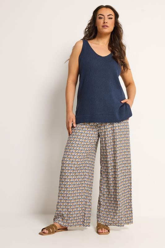  YOURS Curve Natural Brown Geometric Textured Wide Leg Trousers