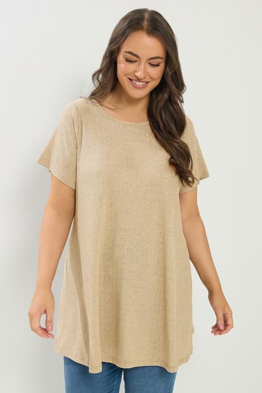  YOURS Curve Natural Brown Ribbed Soft Touch T-Shirt