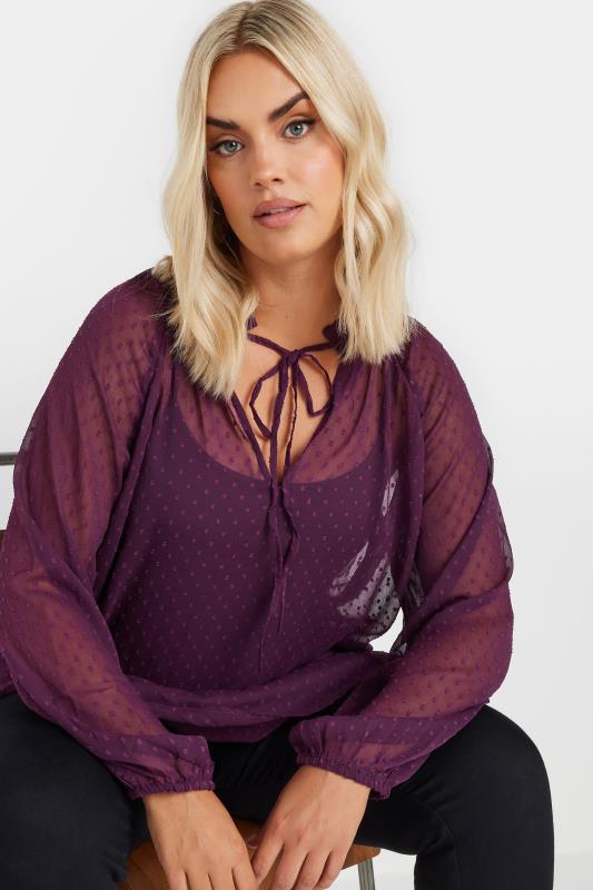 YOURS Plus Size Purple Tie Neck Dobby Blouse | Yours Clothing 4