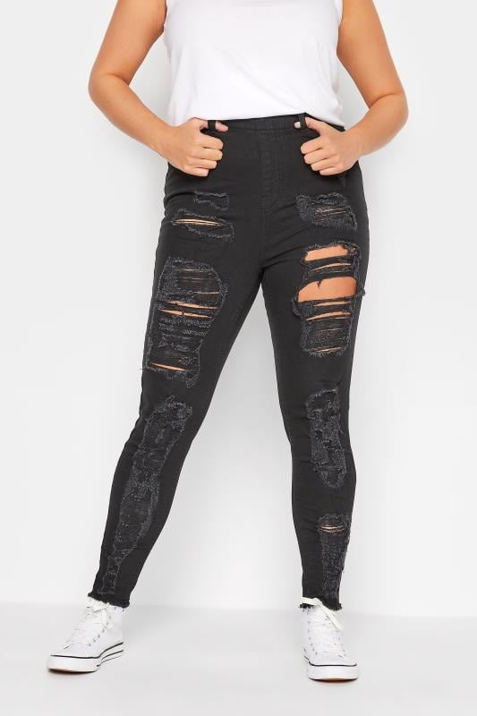 Plus Size Black Frayed Ripped GRACE Jeggings | Yours Clothing 1