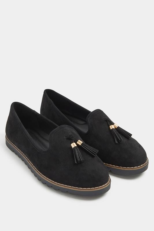 Black Faux Suede Tassel Slip On Loafers In Wide E Fit | Yours Clothing 1