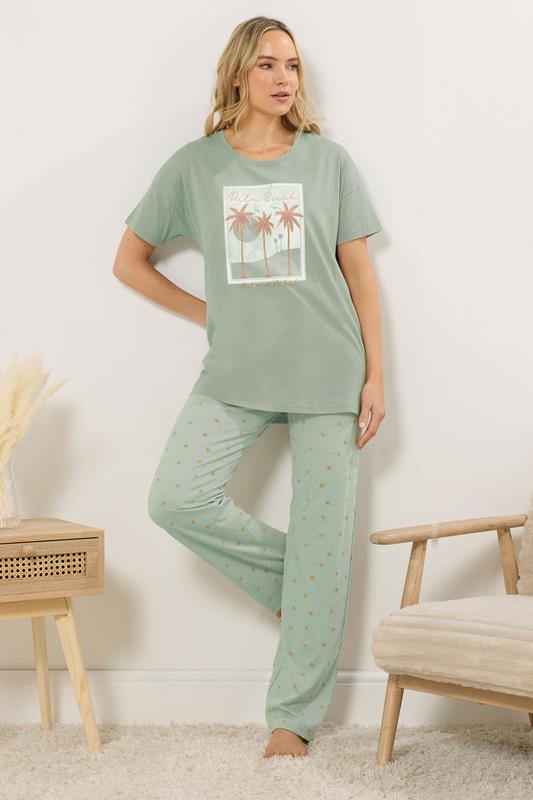  LTS Tall Light Green 'Palm Beach' Slogan Cotton Pyjama Set