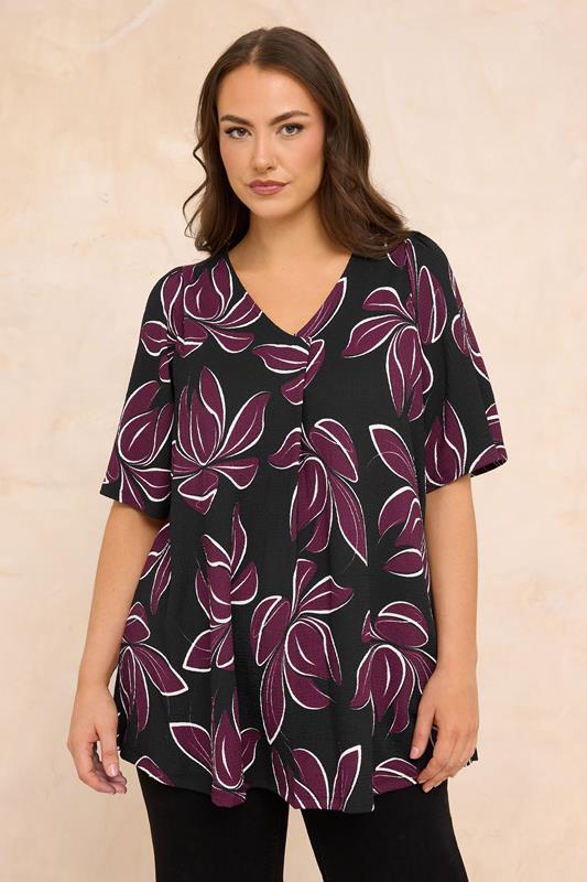 Plus Size  EVANS Curve Berry Red Floral Print Pleat Front Top