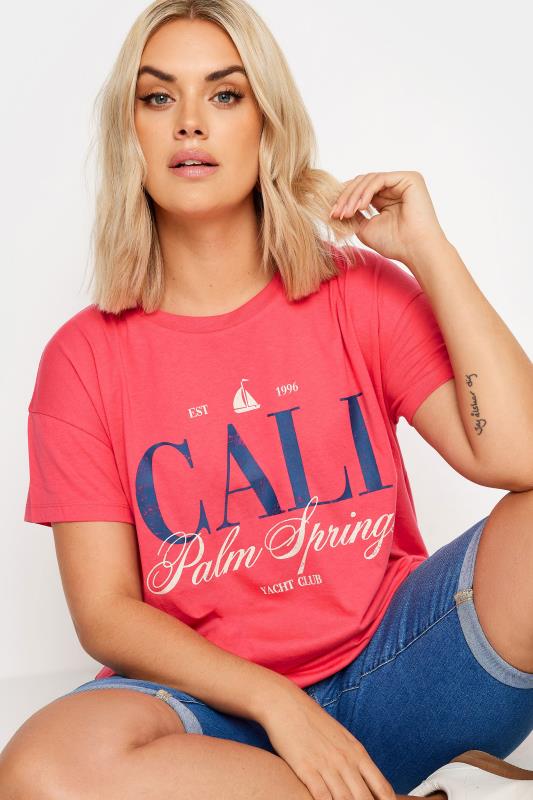 YOURS Plus Size Red 'Cali Palm Springs' Slogan T-Shirt | Yours Clothing 1