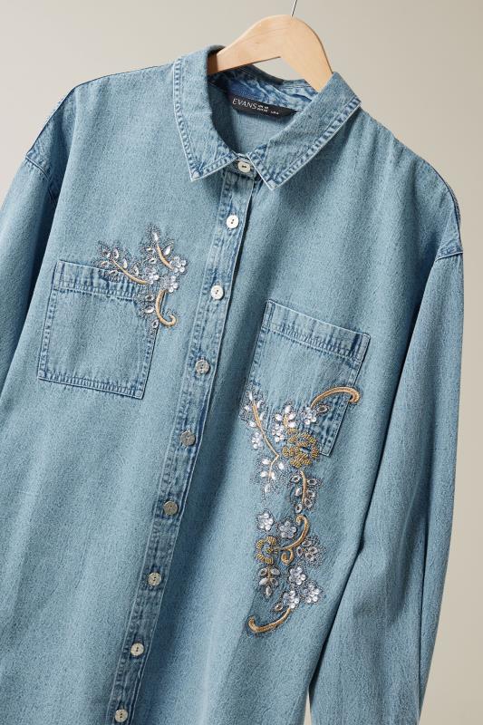 EVANS Plus Size Blue Denim Sequin Embellished Shirt | Evans 9