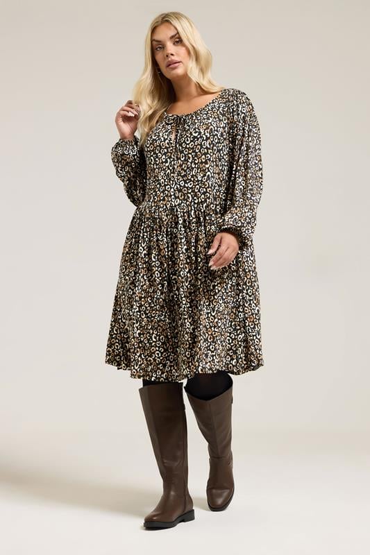 YOURS Plus Size Black Leopard Print Tie Neck Dress | Yours Clothing 1