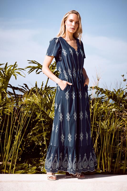 LTS Tall Navy Blue Floral Embroidered Cotton Maxi Dress