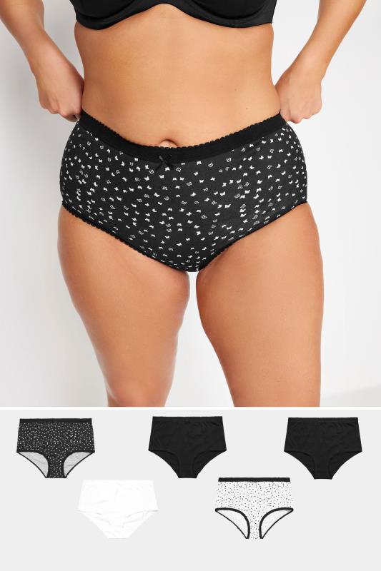 Plus Size  YOURS 5 PACK Curve Black & White Butterfly Design High Waisted Full Briefs