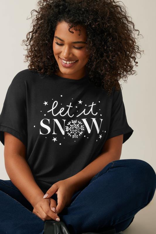 EVANS Plus Size Black 'Let It Snow' Slogan T-Shirt | Evans 5