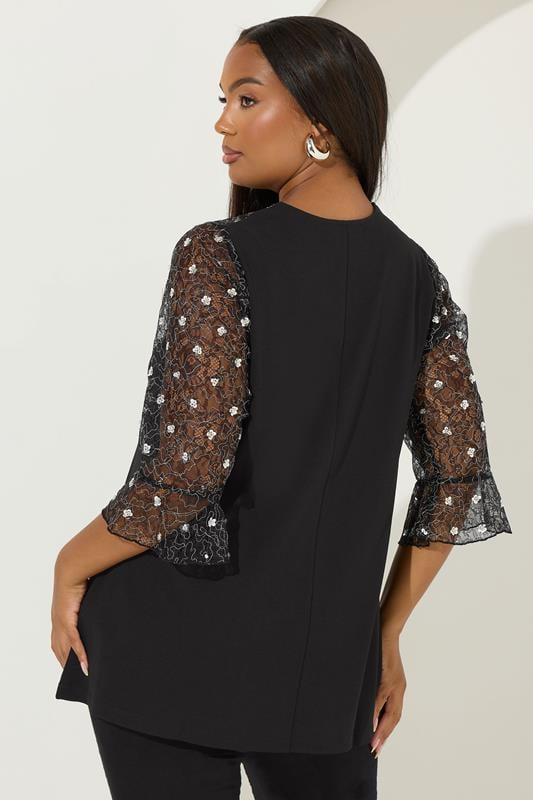 YOURS Plus Size Black Floral Embellished Lace Sweetheart Top | Yours Clothing 2