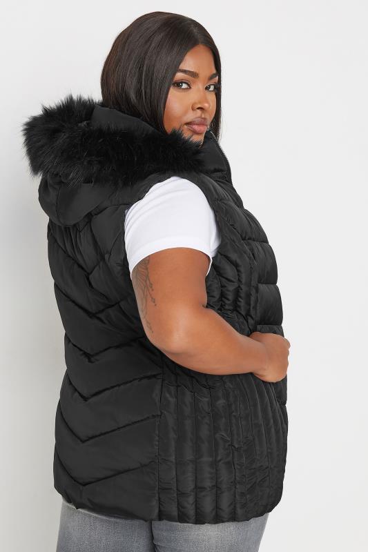 YOURS Plus Size Black Faux Fur Trim Padded Gilet | Yours Clothing 3