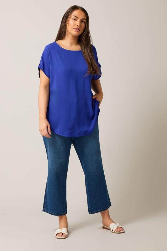 EVANS Plus Size Cobalt Blue Button Sleeve Blouse | Evans 2