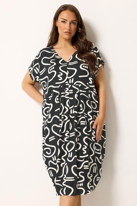  YOURS Curve Black Abstract Print Pleat Front Midi Dress