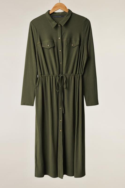 EVANS Plus Size Khaki Green Ribbed Utility Dress | Yours Clothing 5