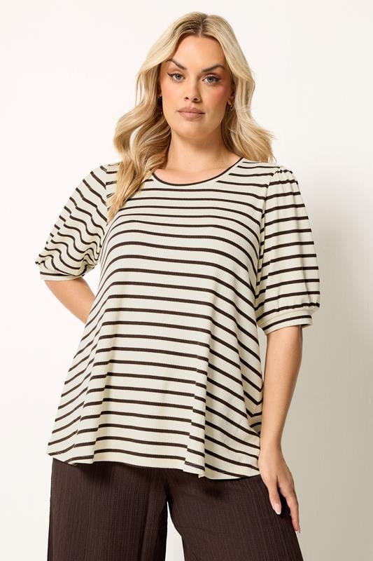 YOURS Plus Size White & Brown Stripe Knitted Puff Sleeve Top | Yours Clothing 1