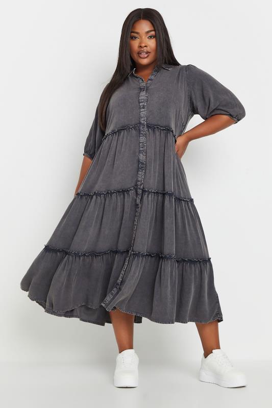 YOURS Plus Size Grey Acid Wash Tiered Shirt Dress | Yours Clothing 1