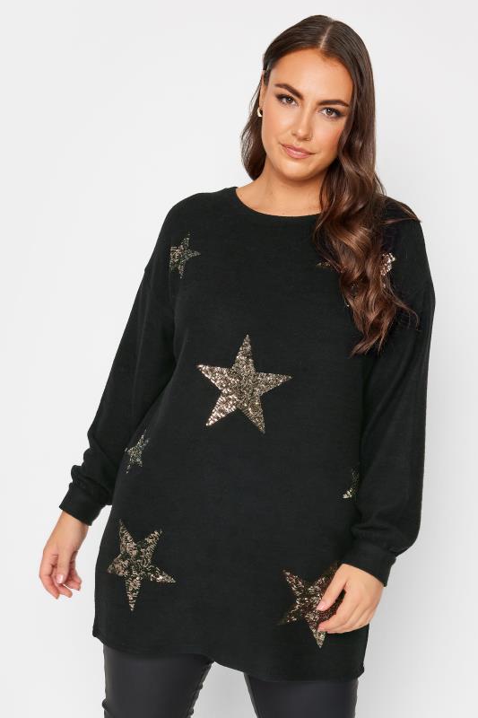 YOURS Plus Size Black Sequin Star Print Jumper | Yours Clothing 1