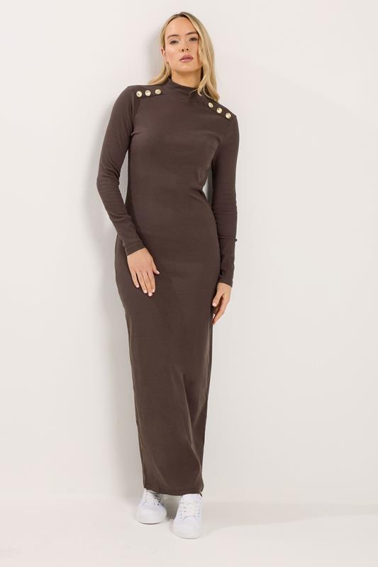 LTS Tall Women's Brown Ribbed Shoulder Button Maxi Dress | Long Tall Sally 1