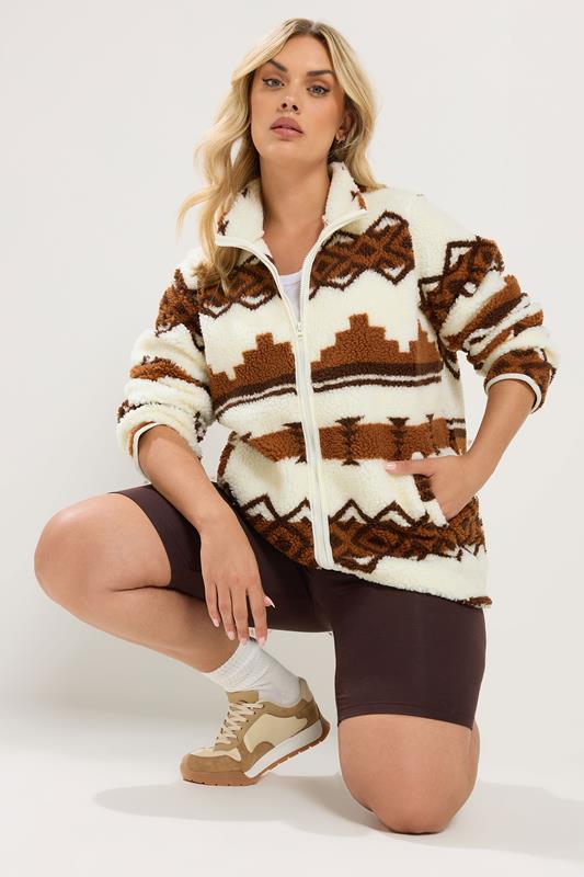 YOURS Plus Size Chocolate Brown Fairisle Borg Fleece Jacket | Yours Clothing 1