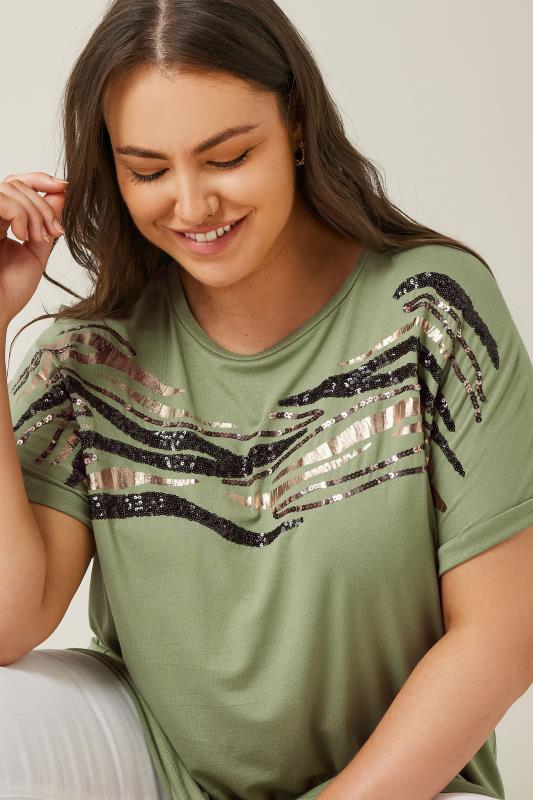 EVANS Plus Size Khaki Green Zebra Print Sequin Embellished T-Shirt | Evans  2