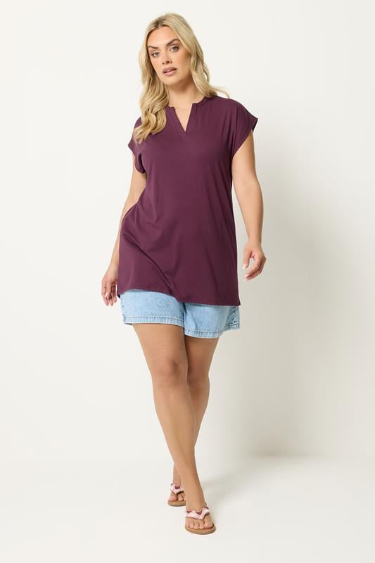 YOURS Plus Size Purple Notch Neck T-Shirt | Yours Clothing 1