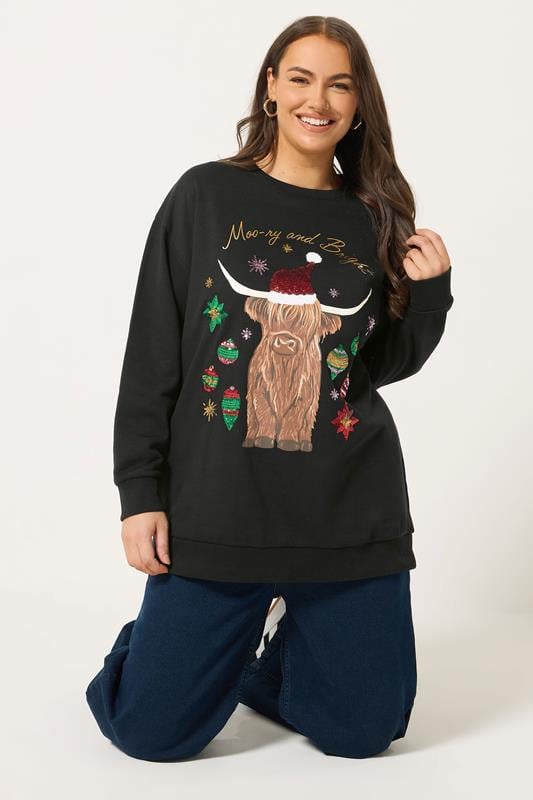 YOURS Plus Size Black Highland Cow Sequin Embellished Novelty Christmas Sweatshirt | Yours Clothing 1
