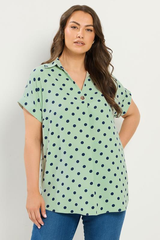  YOURS Curve Green Polka Dot Pleat Front Shirt