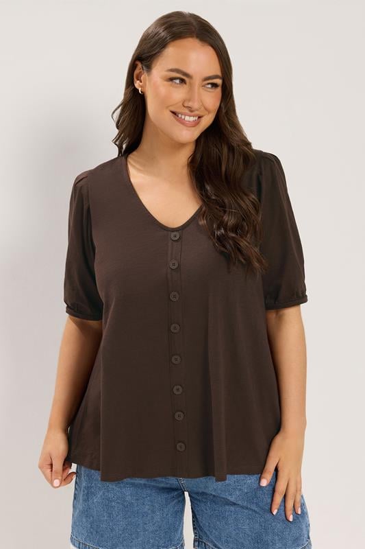 YOURS Plus Size Chocolate Brown Puff Sleeve Top | Yours Clothing 1