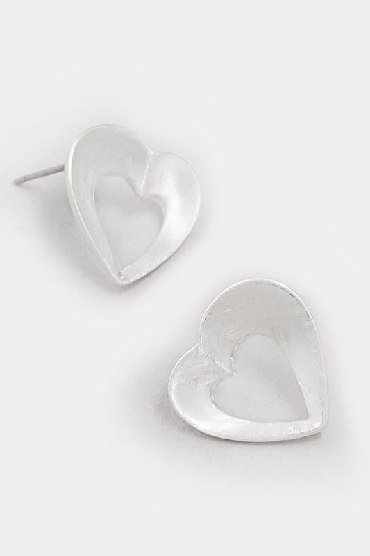 Silver Tone Brushed Heart Stud Earrings