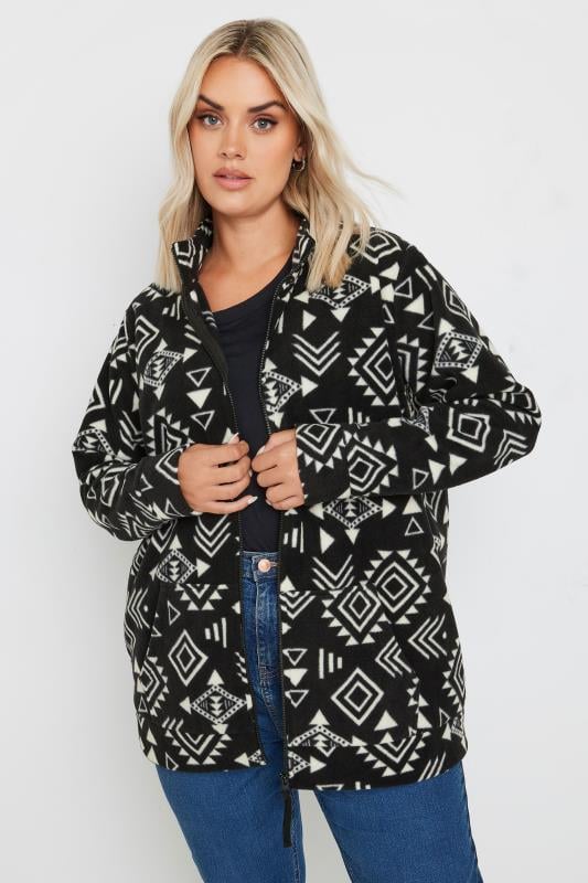 YOURS Plus Size Black & White Aztec Print Zip Fleece Jacket | Yours Clothing 1