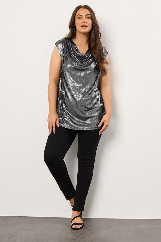 EVANS Plus Size Silver Cowl Neck Top | Evans 1