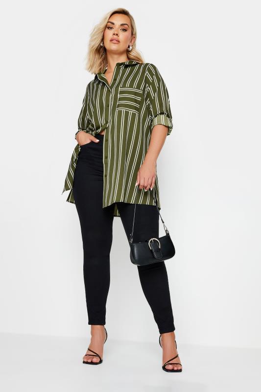 YOURS Plus Size Khaki Green Stripe Print Boyfriend Shirt | Yours Clothing  2