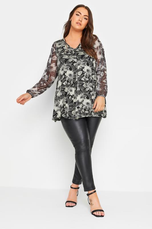 YOURS Plus Size Black Floral Mesh Sleeve Top | Yours Clothing 2