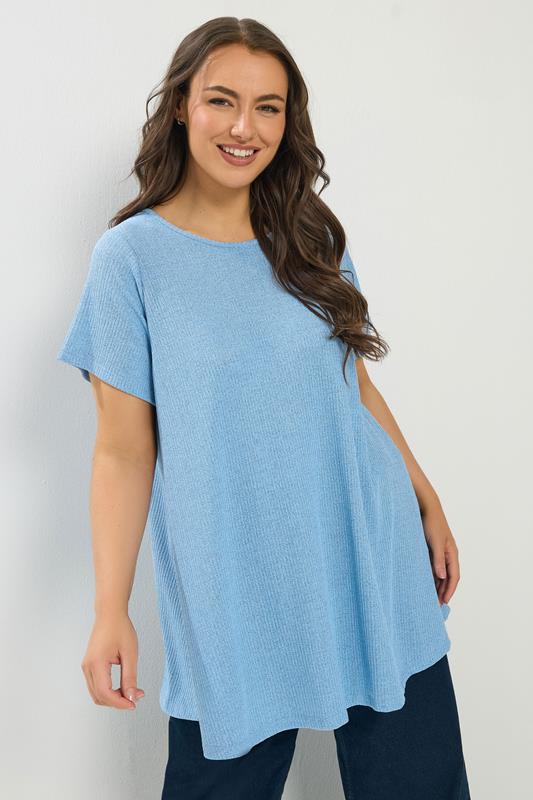  YOURS Curve Light Blue Ribbed Soft Touch T-Shirt