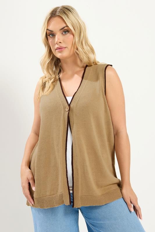  YOURS Curve Natural Brown Contrast Trim Knitted Waistcoat